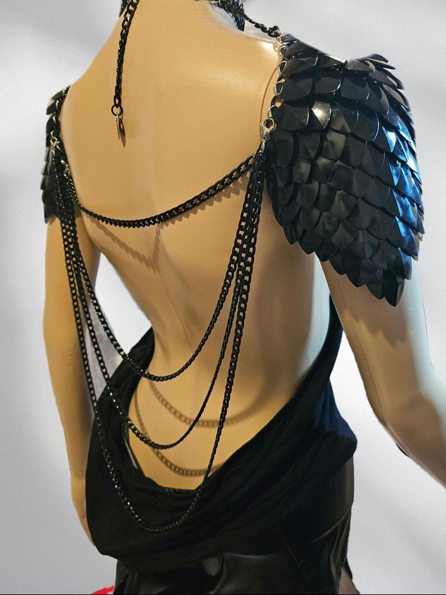 Black Shoulder Armor, Fantasy Scalemail Dragon Scale Womens Armor, Royal Fae Gala Fairytale Costume, Viking, Fairy Cosplay, Bookish