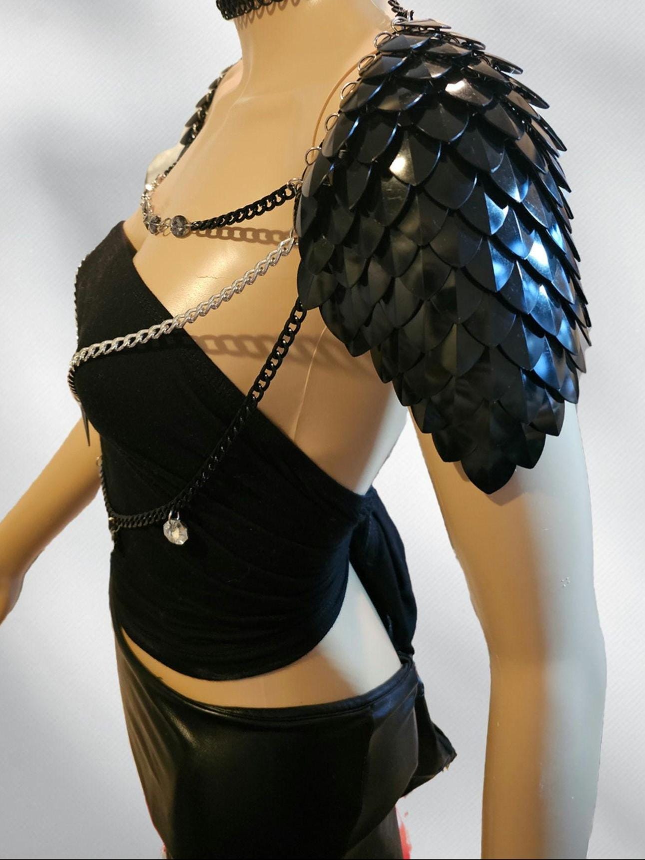 Black Shoulder Armor, Fantasy Scalemail Dragon Scale Womens Armor, Royal Fae Gala Fairytale Costume, Viking, Fairy Cosplay, Bookish