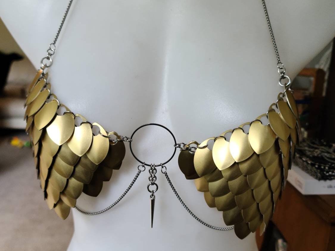 Metal Gold Breastplate Corset Armor, Fantasy Scalemail Dragon Scale Womens Armor, Royal Fae Gala Fairytale Costume, Viking, Fairy Cosplay