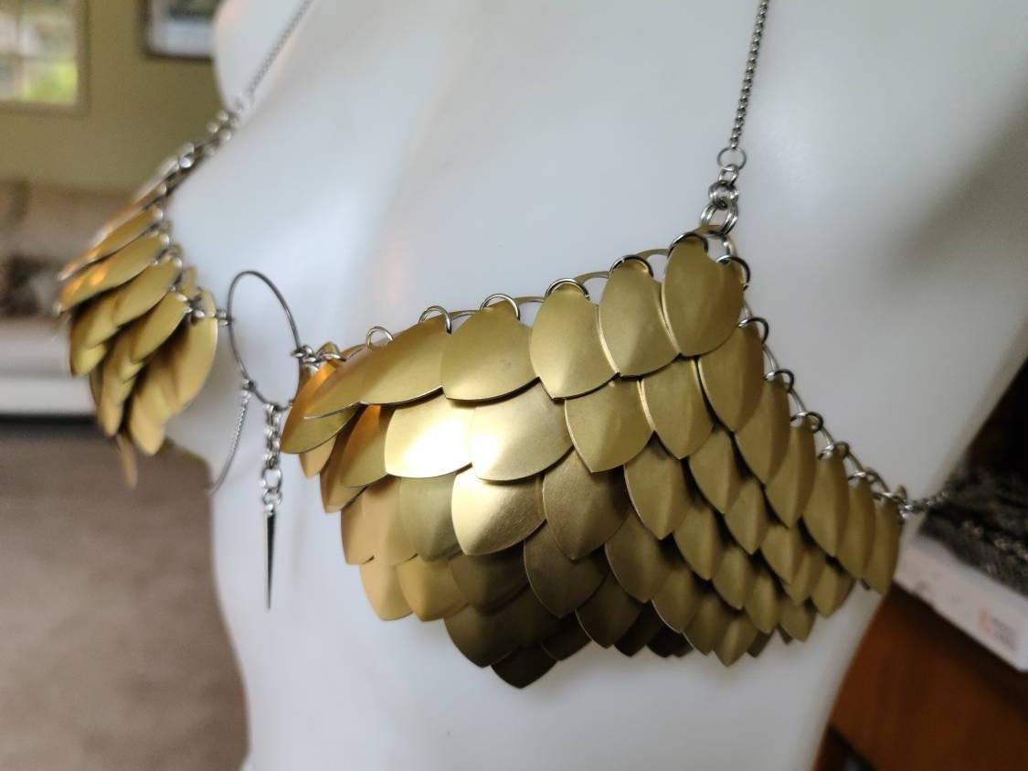 Metal Gold Breastplate Corset Armor, Fantasy Scalemail Dragon Scale Womens Armor, Royal Fae Gala Fairytale Costume, Viking, Fairy Cosplay