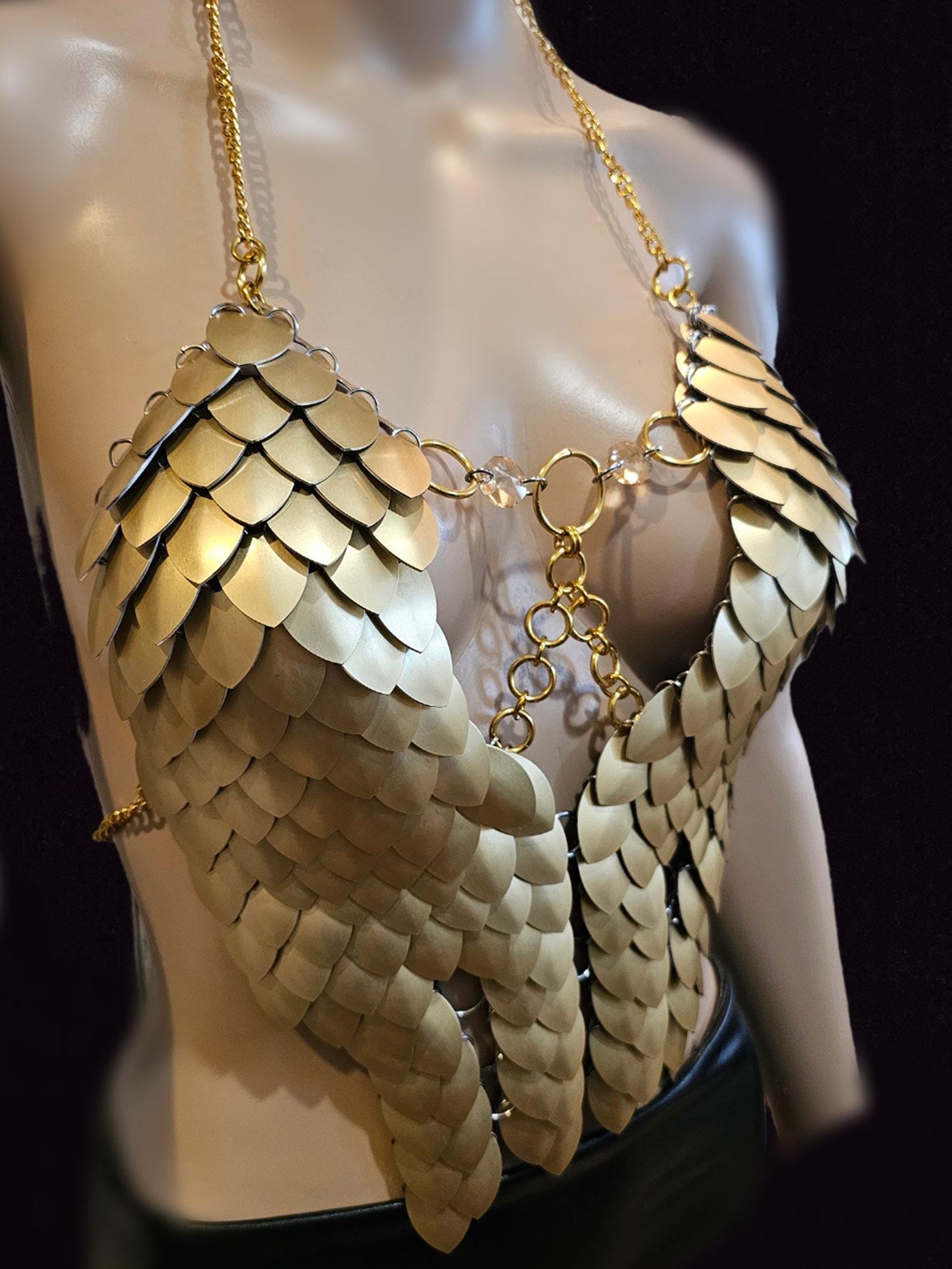 Metal Gold Breastplate Corset Armor, Fantasy Scalemail Dragon Scale Womens Armor, Royal Fae Gala Fairytale Costume, Viking, Fairy Cosplay