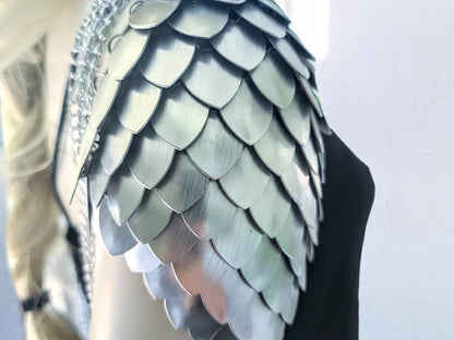 Metal Silver Shoulder Armor, Fantasy Scalemail Dragon Scale Womens Armor, Royal Fae Gala Fairytale Costume, Viking, Fairy Cosplay, Bookish