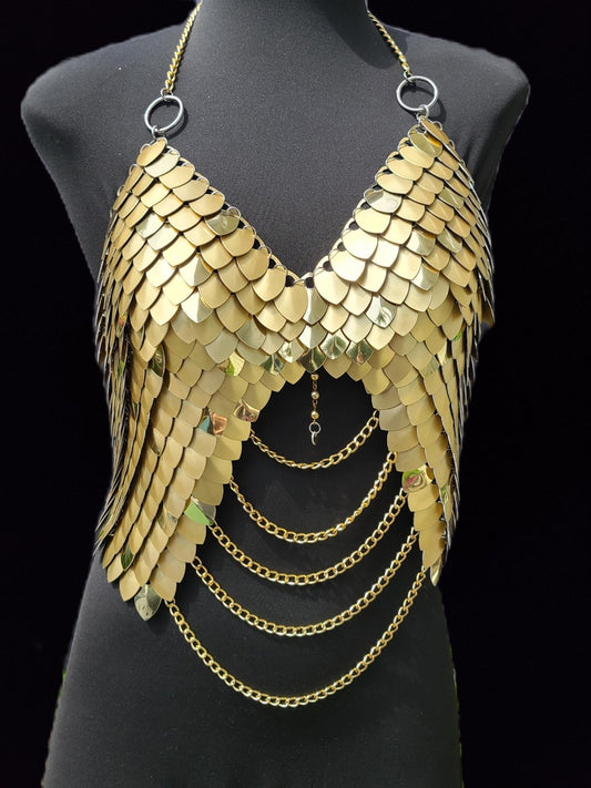 Metal Gold Breastplate Corset Armor, Fantasy Scalemail Dragon Scale Womens Armor, Royal Fae Gala Fairytale Costume, Viking, Fairy Cosplay