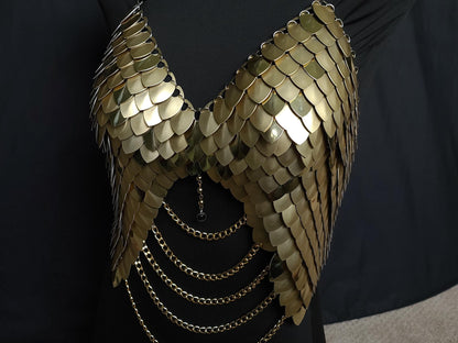 Metal Gold Breastplate Corset Armor, Fantasy Scalemail Dragon Scale Womens Armor, Royal Fae Gala Fairytale Costume, Viking, Fairy Cosplay