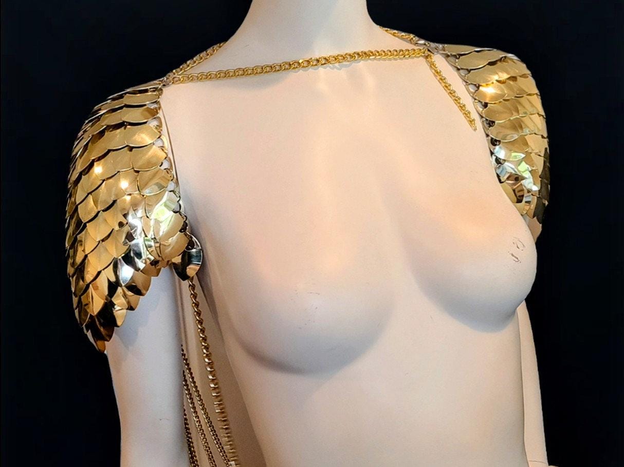 Metal Gold Shoulder Armor, Fantasy Scalemail Dragon Scale Womens Armor, Royal Fae Gala Fairytale Costume, Viking, Fairy Cosplay, Bookish