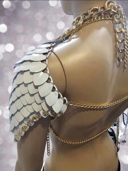 Metal White Shoulder Armor, Fantasy Scalemail Dragon Scale Womens Armor, Royal Fae Gala Fairytale Costume, Viking, Fairy Cosplay, Bookish