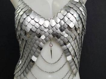 Metal Silver Breastplate Corset Armor, Fantasy Scalemail Dragon Scale Womens Armor, Royal Fae Gala Fairytale Costume, Viking, Fairy Cosplay