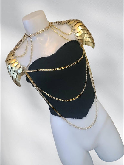 Metal Gold Shoulder Armor, Fantasy Scalemail Dragon Scale Womens Armor, Royal Fae Gala Fairytale Costume, Viking, Fairy Cosplay, Bookish
