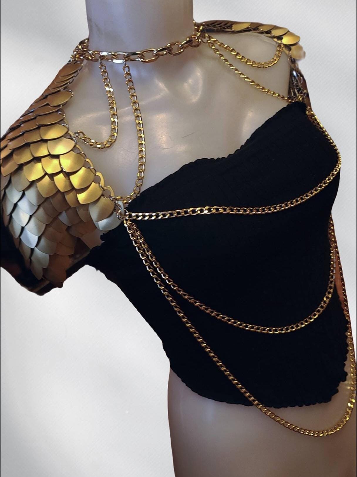 Metal Gold Shoulder Armor, Fantasy Scalemail Dragon Scale Womens Armor, Royal Fae Gala Fairytale Costume, Viking, Fairy Cosplay, Bookish