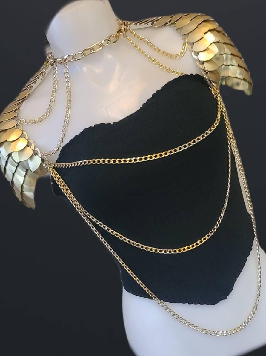 Metal Gold Shoulder Armor, Fantasy Scalemail Dragon Scale Womens Armor, Royal Fae Gala Fairytale Costume, Viking, Fairy Cosplay, Bookish