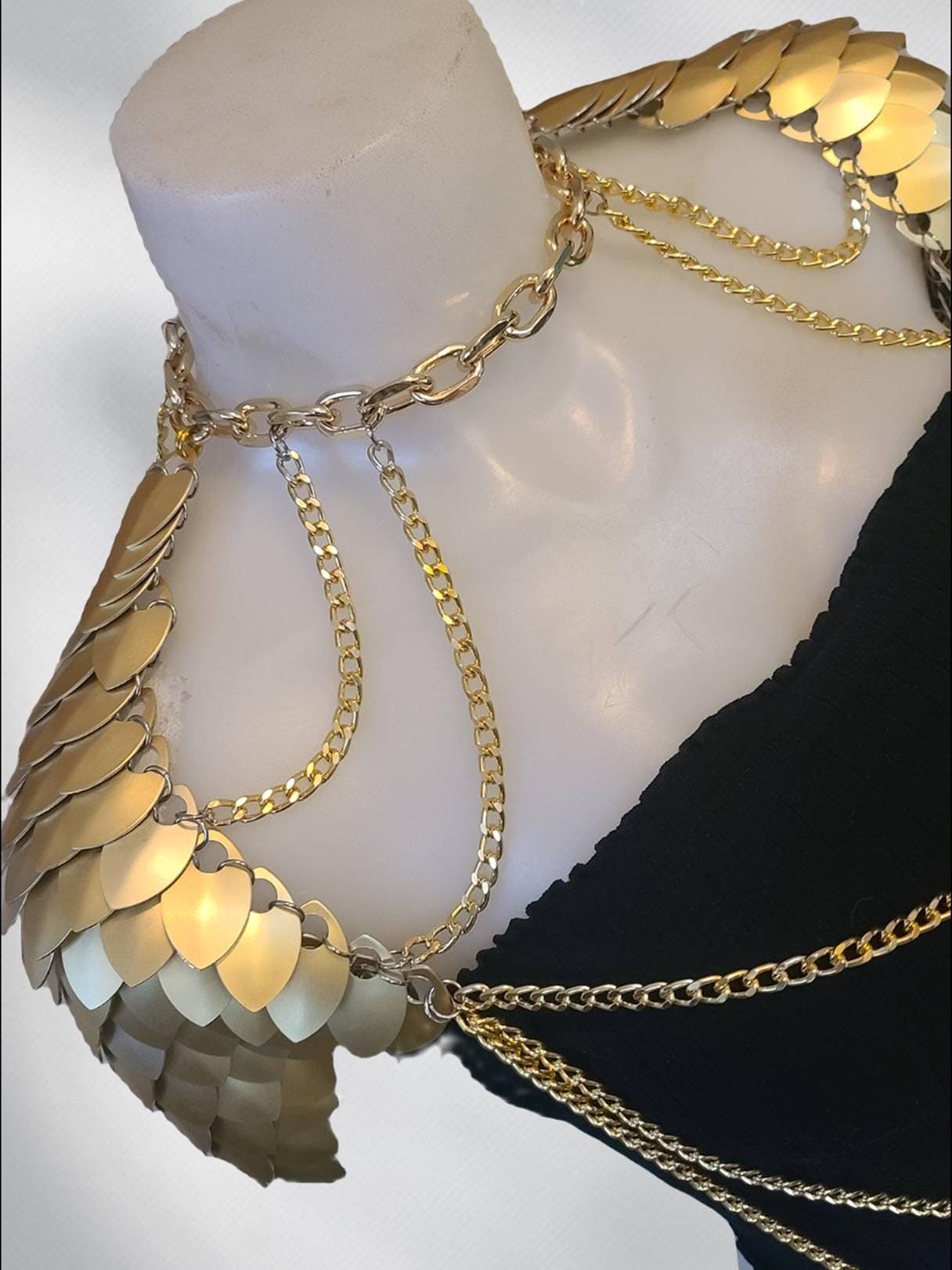 Metal Gold Shoulder Armor, Fantasy Scalemail Dragon Scale Womens Armor, Royal Fae Gala Fairytale Costume, Viking, Fairy Cosplay, Bookish