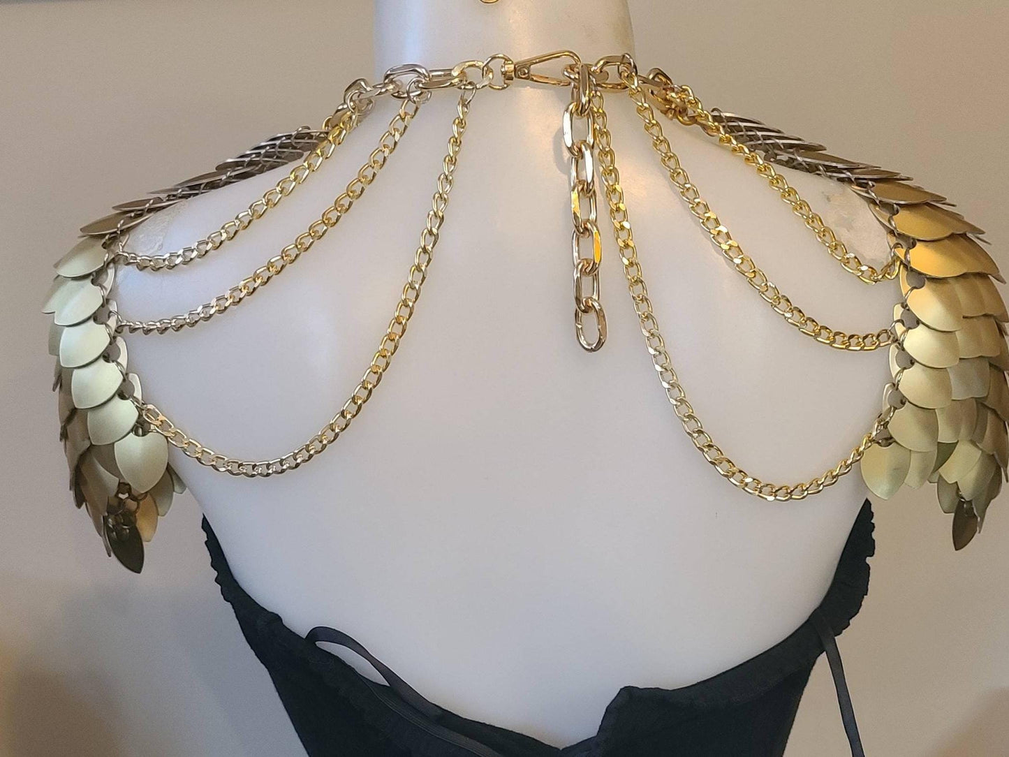 Metal Gold Shoulder Armor, Fantasy Scalemail Dragon Scale Womens Armor, Royal Fae Gala Fairytale Costume, Viking, Fairy Cosplay, Bookish