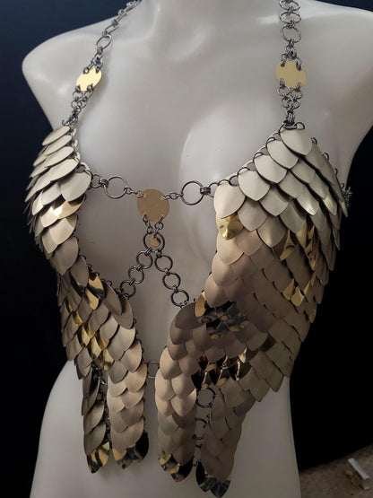 Metal Gold Breastplate Corset Armor, Fantasy Scalemail Dragon Scale Womens Armor, Royal Fae Gala Fairytale Costume, Viking, Fairy Cosplay