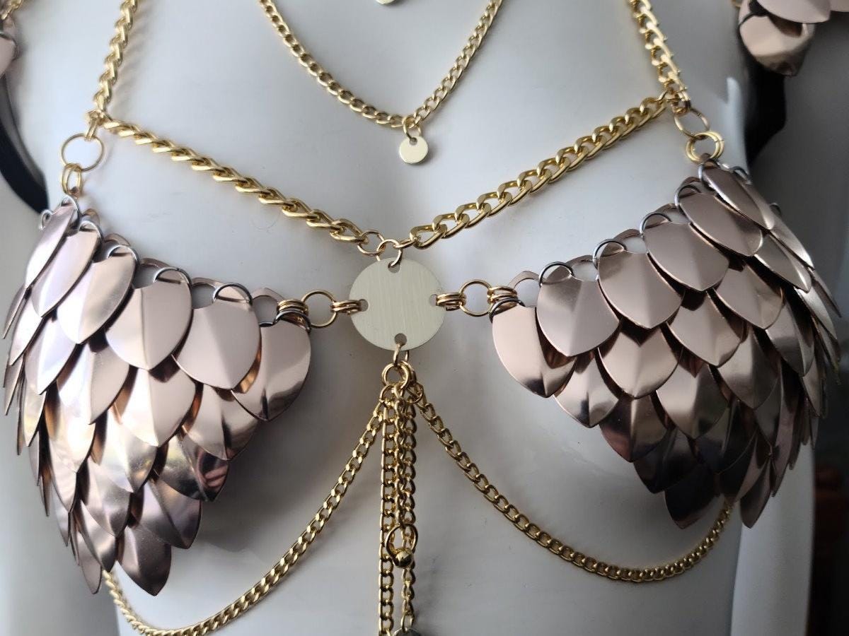 Metal Rose Gold Breastplate Corset Armor, Fantasy Scalemail Dragon Womens Armor, Royal Fae Gala Fairytale Costume, Viking, Fairy Cosplay