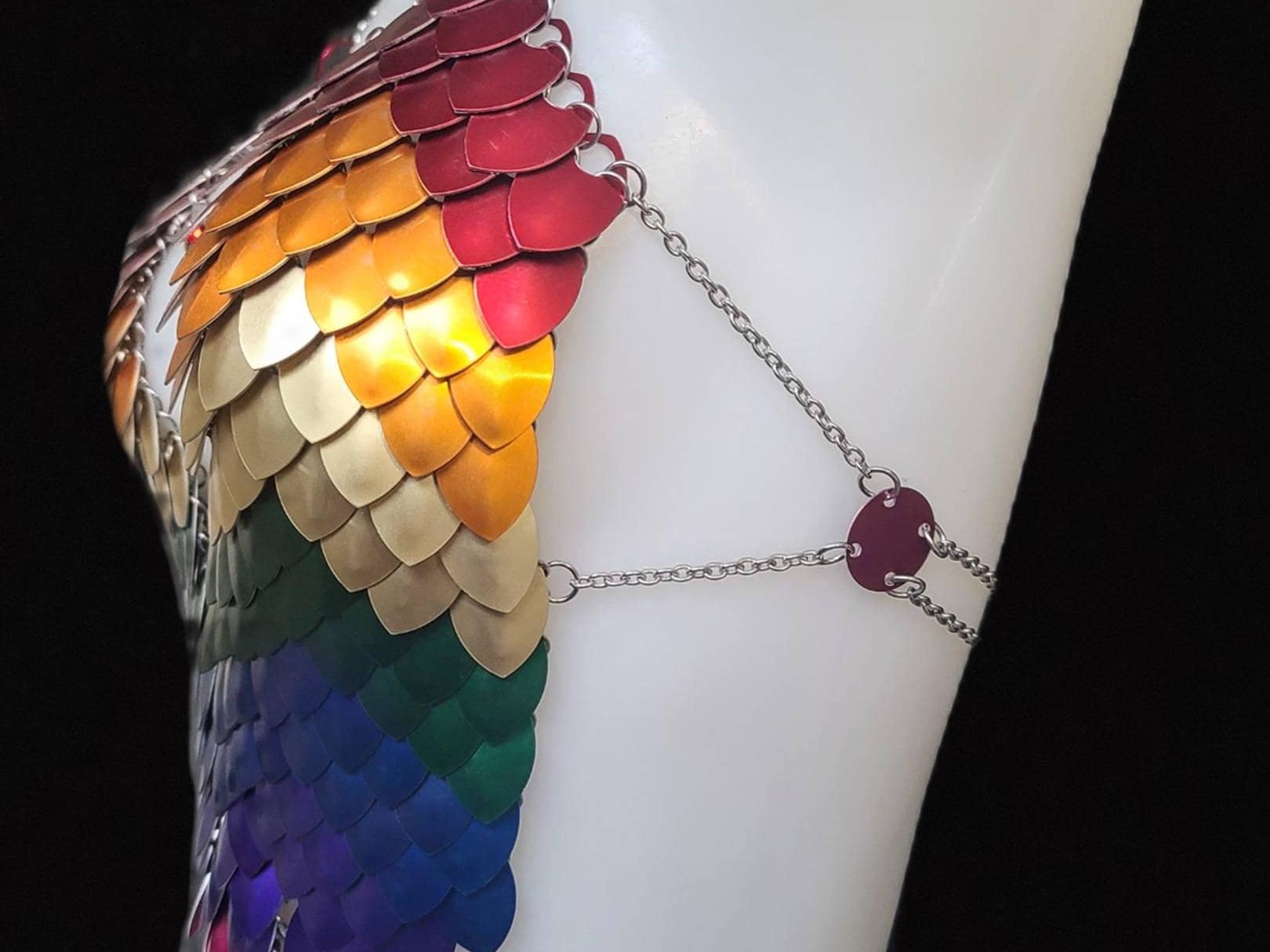 Metal Rainbow Breastplate Corset Armor, Fantasy Scalemail Dragon Scale Womens Armor, Royal Fae Gala Fairytale Costume, Viking, Fairy Cosplay