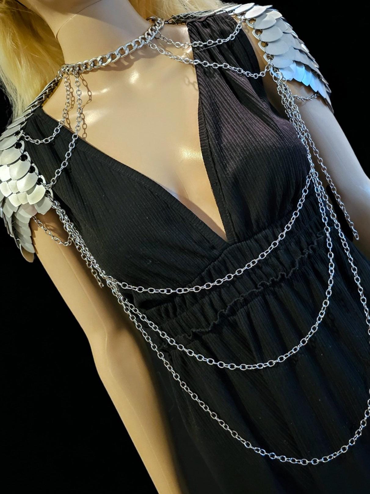 Metal Silver Shoulder Armor, Fantasy Scalemail Dragon Scale Womens Armor, Royal Fae Gala Fairytale Costume, Viking, Fairy Cosplay, Bookish