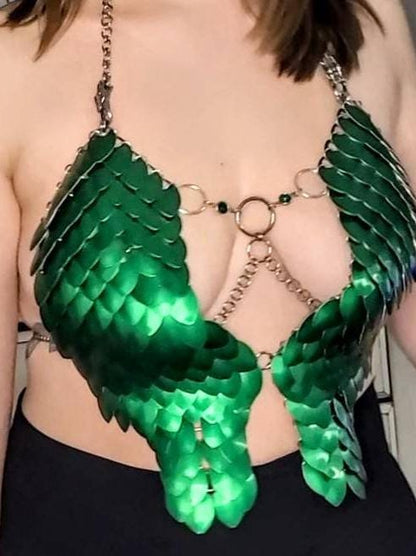 Metal Green Breastplate Corset Armor, Fantasy Scalemail Dragon Scale Womens Armor, Royal Fae Gala Fairytale Costume, Viking, Fairy Cosplay