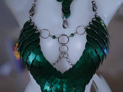 Metal Green Breastplate Corset Armor, Fantasy Scalemail Dragon Scale Womens Armor, Royal Fae Gala Fairytale Costume, Viking, Fairy Cosplay