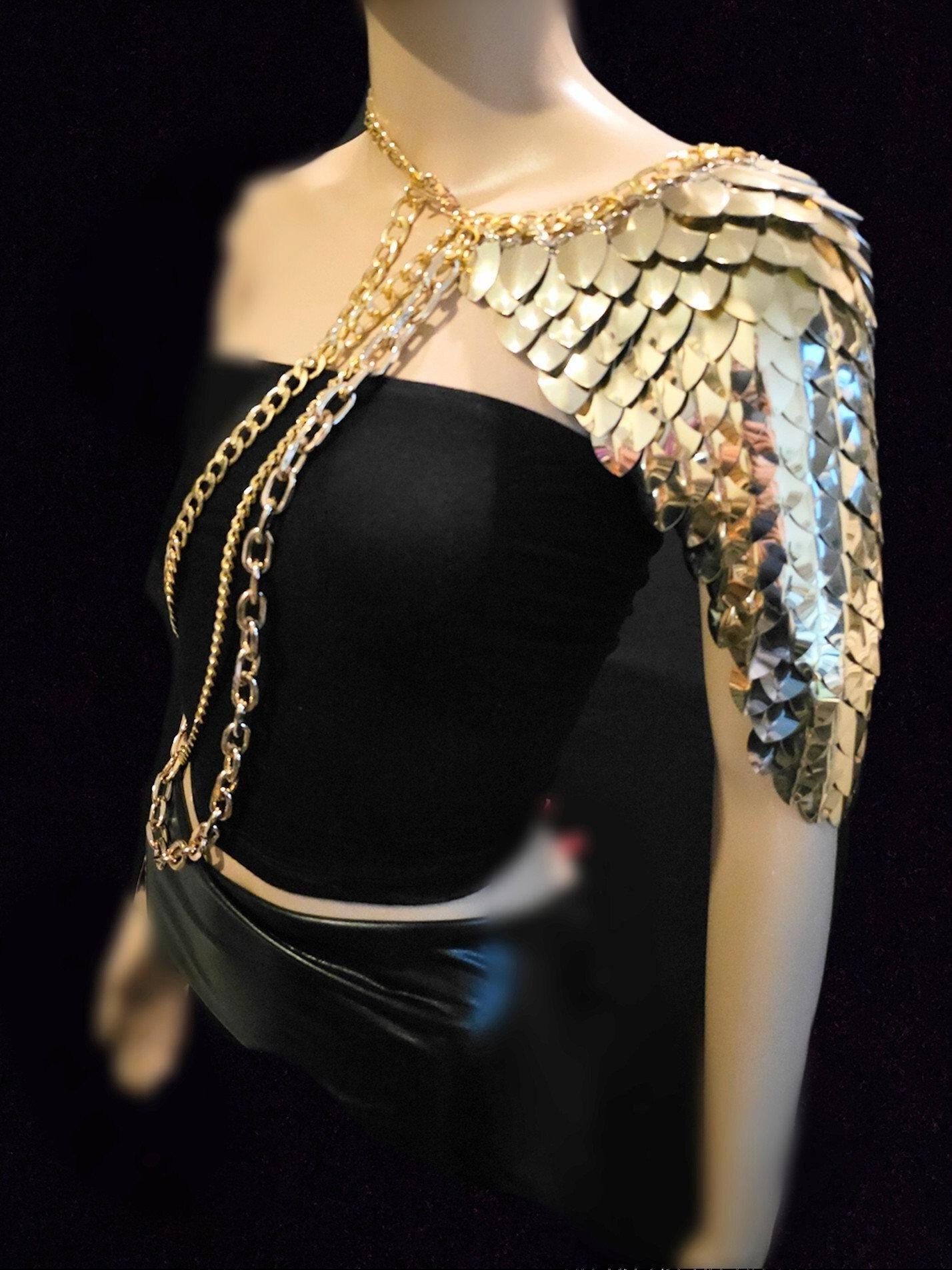 Metal Gold Shoulder Armor, Fantasy Scalemail Dragon Scale Womens Armor, Royal Fae Gala Fairytale Costume, Viking, Fairy Cosplay, Bookish