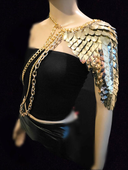 Metal Gold Shoulder Armor, Fantasy Scalemail Dragon Scale Womens Armor, Royal Fae Gala Fairytale Costume, Viking, Fairy Cosplay, Bookish