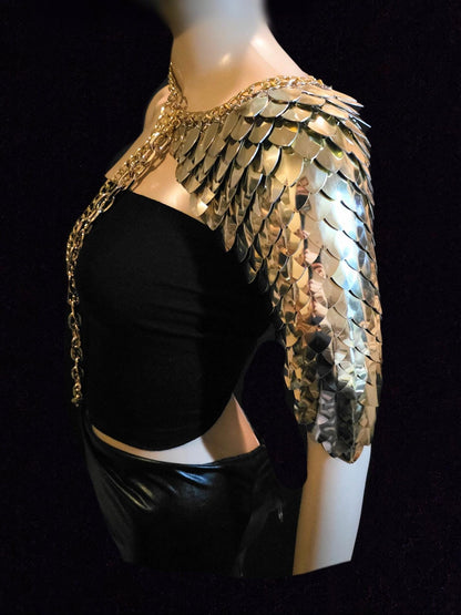 Metal Gold Shoulder Armor, Fantasy Scalemail Dragon Scale Womens Armor, Royal Fae Gala Fairytale Costume, Viking, Fairy Cosplay, Bookish