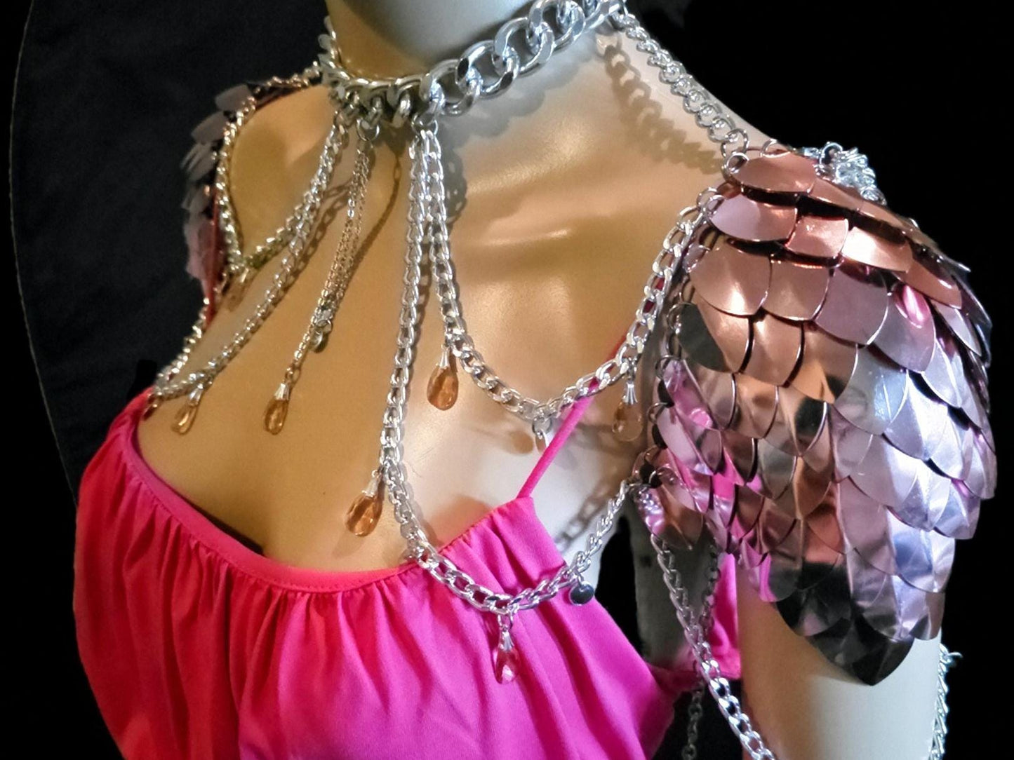 Metal Pink Shoulder Armor, Fantasy Scalemail Dragon Scale Womens Armor, Royal Fae Gala Fairytale Costume, Viking, Fairy Cosplay, Bookish