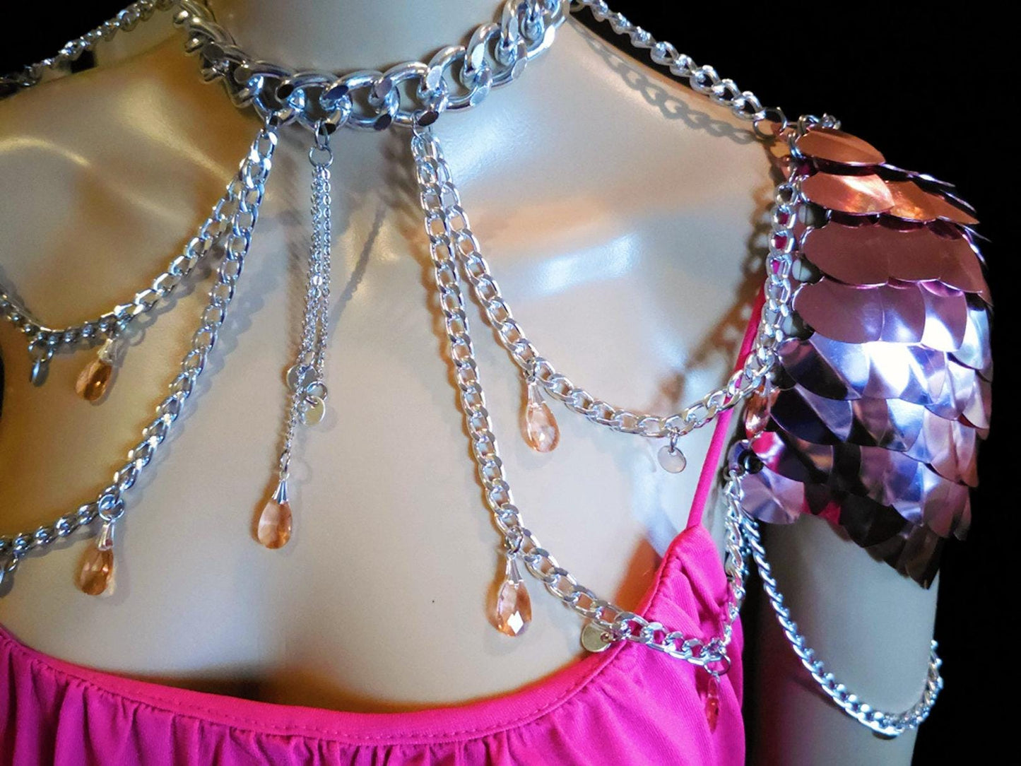 Metal Pink Shoulder Armor, Fantasy Scalemail Dragon Scale Womens Armor, Royal Fae Gala Fairytale Costume, Viking, Fairy Cosplay, Bookish