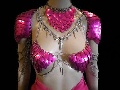 Metal Pink Shoulder Armor, Fantasy Scalemail Dragon Scale Womens Armor, Royal Fae Gala Fairytale Costume, Viking, Fairy Cosplay, Bookish