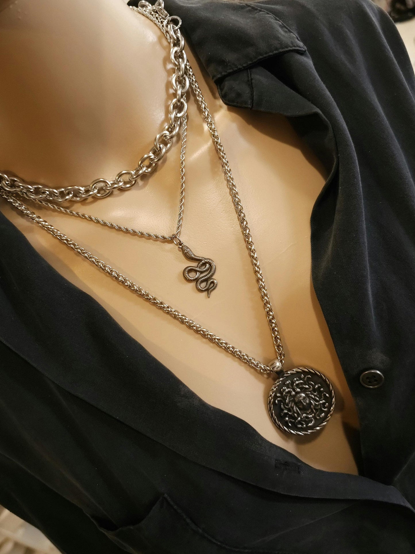 Steel Medusa Medallion Layered Snake Necklace Set - Handmade Alt Goth statement jewelry gift for her, waterproof