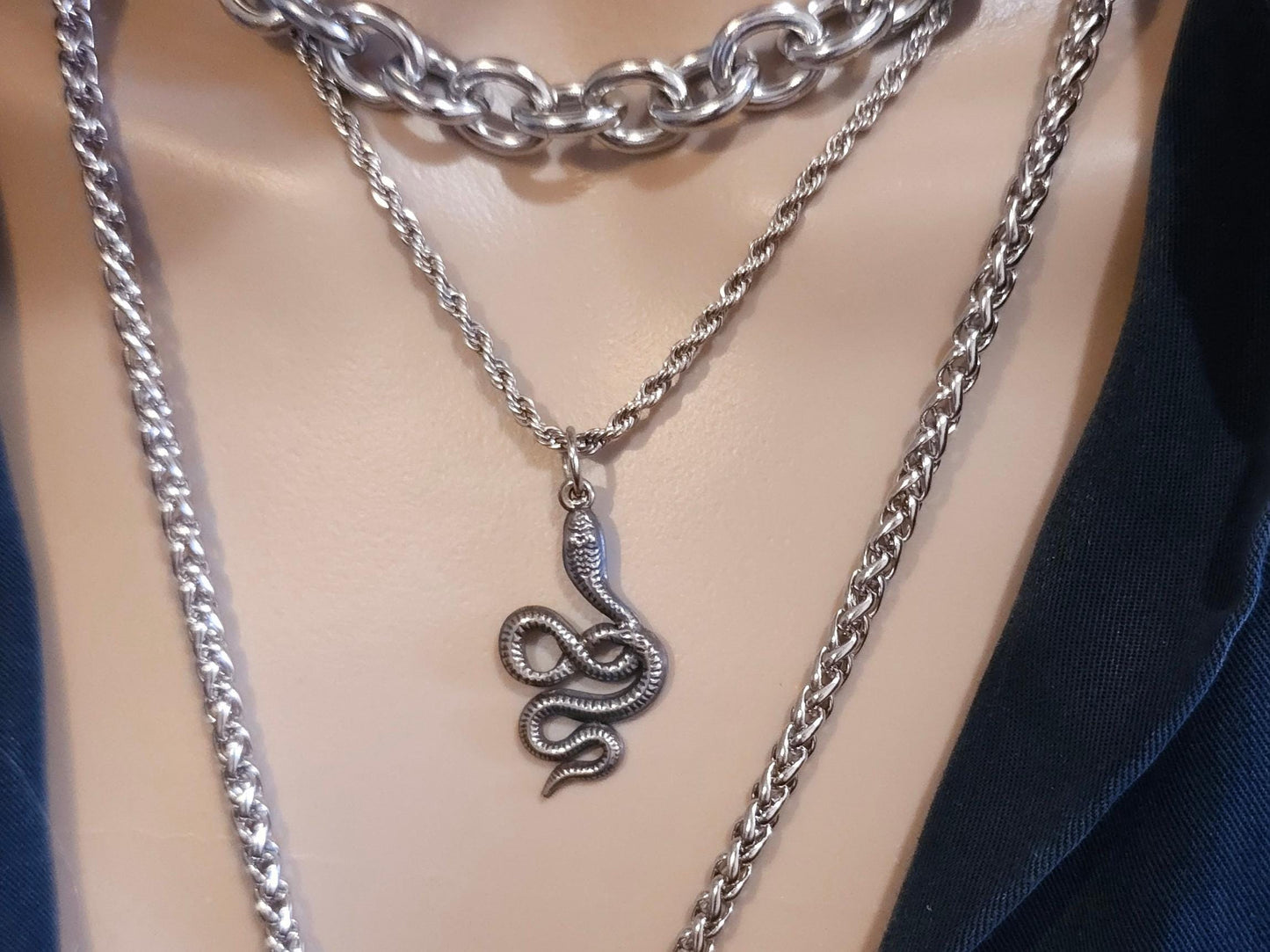 Steel Medusa Medallion Layered Snake Necklace Set - Handmade Alt Goth statement jewelry gift for her, waterproof