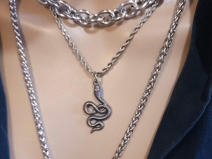 Steel Medusa Medallion Layered Snake Necklace Set - Handmade Alt Goth statement jewelry gift for her, waterproof