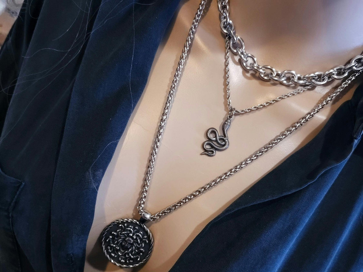 Steel Medusa Medallion Layered Snake Necklace Set - Handmade Alt Goth statement jewelry gift for her, waterproof