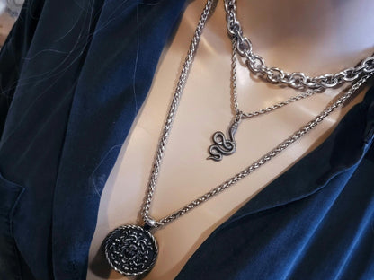 Steel Medusa Medallion Layered Snake Necklace Set - Handmade Alt Goth statement jewelry gift for her, waterproof
