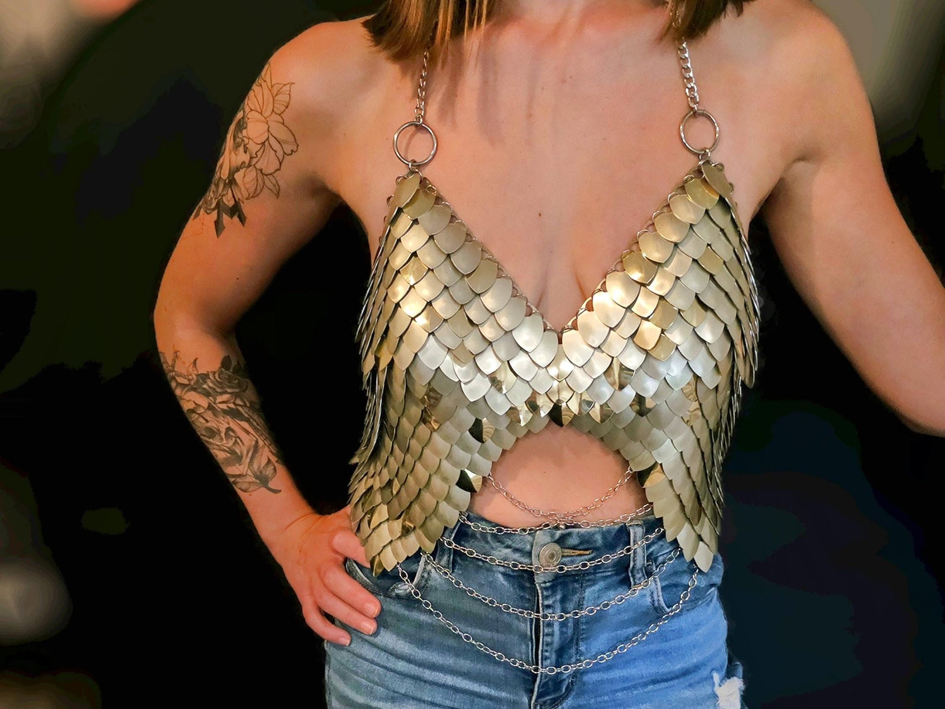 Metal Gold Breastplate Corset Armor, Fantasy Scalemail Dragon Scale Womens Armor, Royal Fae Gala Fairytale Costume, Viking, Fairy Cosplay