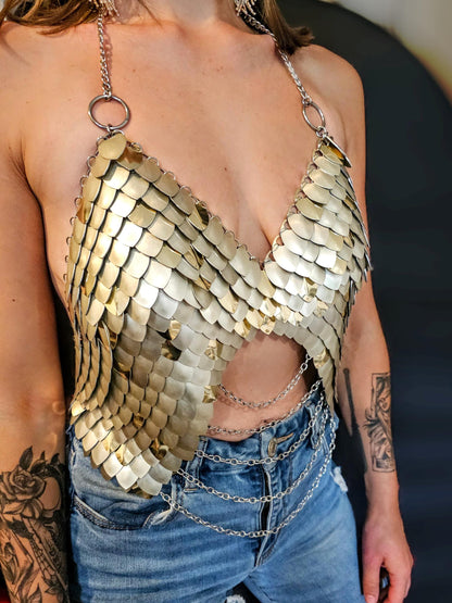 Metal Gold Breastplate Corset Armor, Fantasy Scalemail Dragon Scale Womens Armor, Royal Fae Gala Fairytale Costume, Viking, Fairy Cosplay