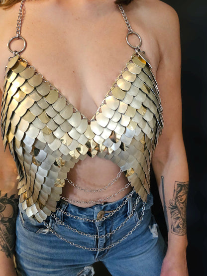 Metal Gold Breastplate Corset Armor, Fantasy Scalemail Dragon Scale Womens Armor, Royal Fae Gala Fairytale Costume, Viking, Fairy Cosplay