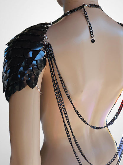 Black Shoulder Armor, Fantasy Scalemail Dragon Scale Womens Armor, Royal Fae Gala Fairytale Costume, Viking, Fairy Cosplay, Bookish