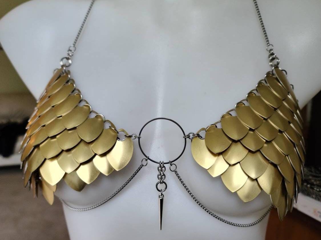 Metal Gold Breastplate Corset Armor, Fantasy Scalemail Dragon Scale Womens Armor, Royal Fae Gala Fairytale Costume, Viking, Fairy Cosplay