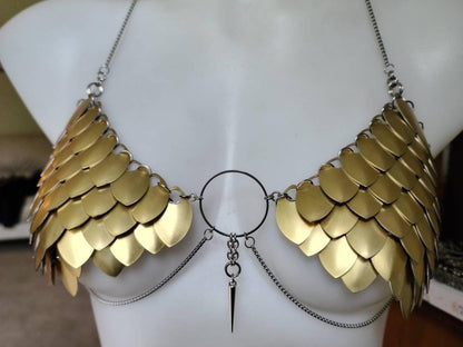 Metal Gold Breastplate Corset Armor, Fantasy Scalemail Dragon Scale Womens Armor, Royal Fae Gala Fairytale Costume, Viking, Fairy Cosplay