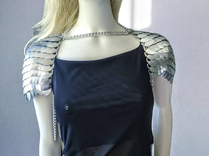 Metal Silver Shoulder Armor, Fantasy Scalemail Dragon Scale Womens Armor, Royal Fae Gala Fairytale Costume, Viking, Fairy Cosplay, Bookish