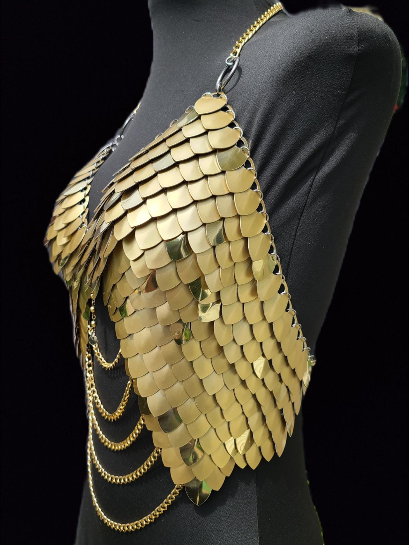 Metal Gold Breastplate Corset Armor, Fantasy Scalemail Dragon Scale Womens Armor, Royal Fae Gala Fairytale Costume, Viking, Fairy Cosplay