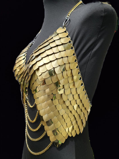 Metal Gold Breastplate Corset Armor, Fantasy Scalemail Dragon Scale Womens Armor, Royal Fae Gala Fairytale Costume, Viking, Fairy Cosplay