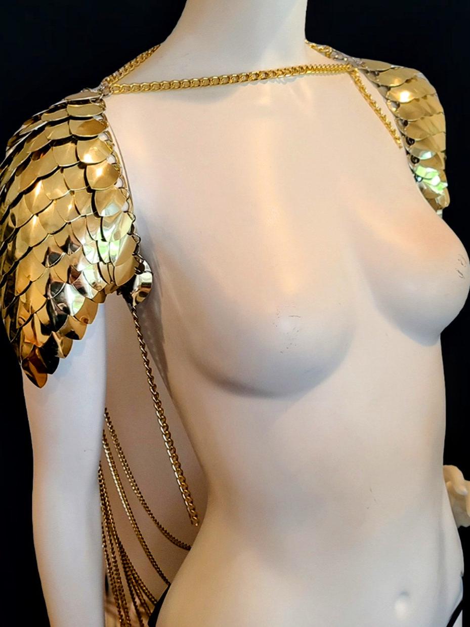 Metal Gold Shoulder Armor, Fantasy Scalemail Dragon Scale Womens Armor, Royal Fae Gala Fairytale Costume, Viking, Fairy Cosplay, Bookish