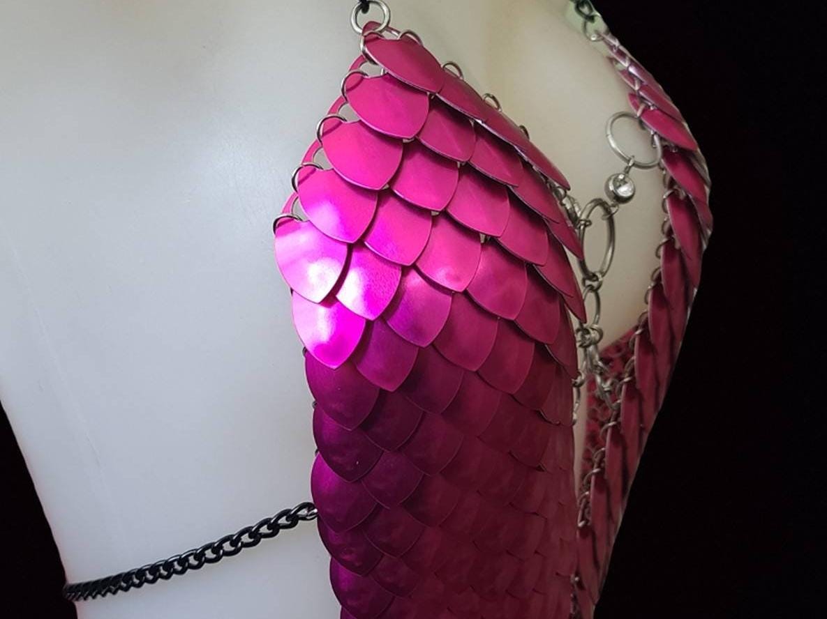 Metal Pink Breastplate Corset Armor, Fantasy Scalemail Dragon Scale Womens Armor, Royal Fae Gala Fairytale Costume, Viking, Fairy Cosplay