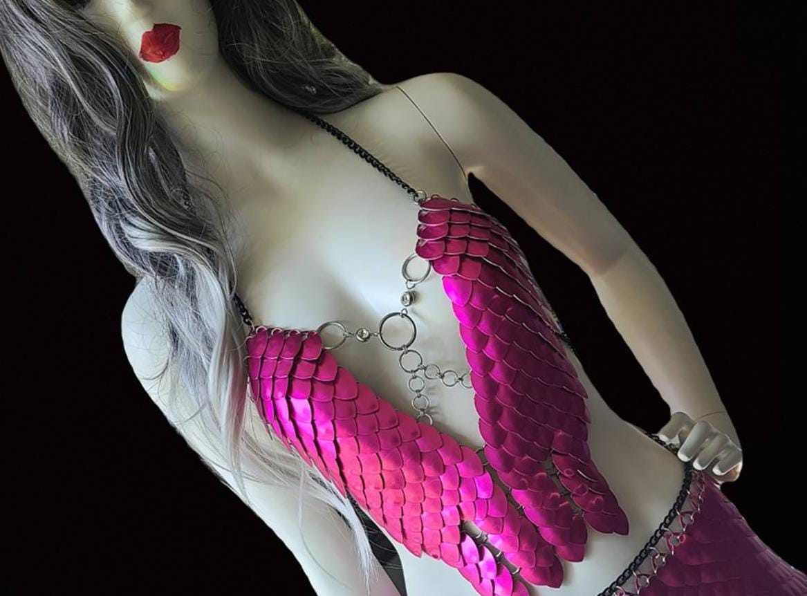Metal Pink Breastplate Corset Armor, Fantasy Scalemail Dragon Scale Womens Armor, Royal Fae Gala Fairytale Costume, Viking, Fairy Cosplay