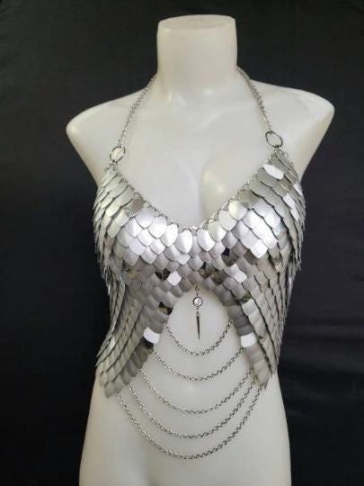 Metal Silver Breastplate Corset Armor, Fantasy Scalemail Dragon Scale Womens Armor, Royal Fae Gala Fairytale Costume, Viking, Fairy Cosplay