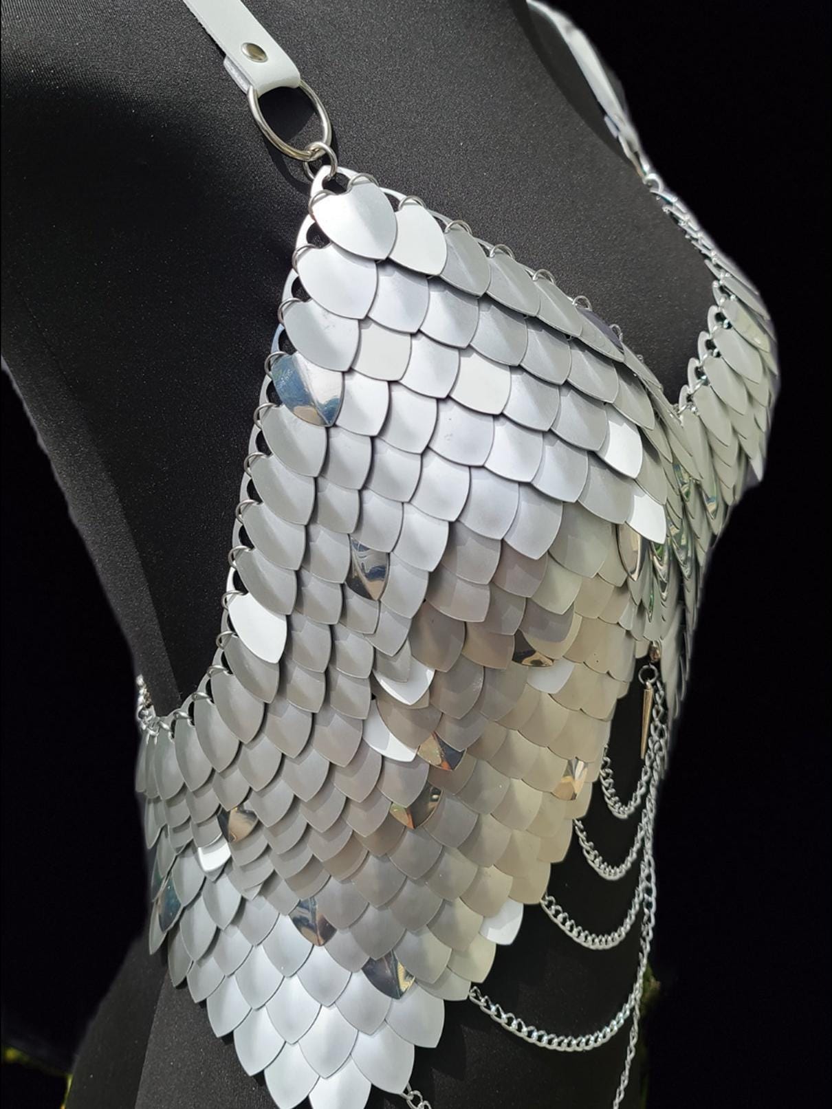 Metal Silver Breastplate Corset Armor, Fantasy Scalemail Dragon Scale Womens Armor, Royal Fae Gala Fairytale Costume, Viking, Fairy Cosplay