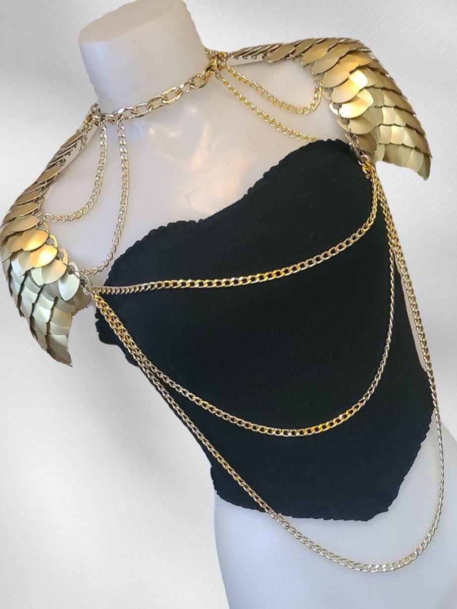 Metal Gold Shoulder Armor, Fantasy Scalemail Dragon Scale Womens Armor, Royal Fae Gala Fairytale Costume, Viking, Fairy Cosplay, Bookish