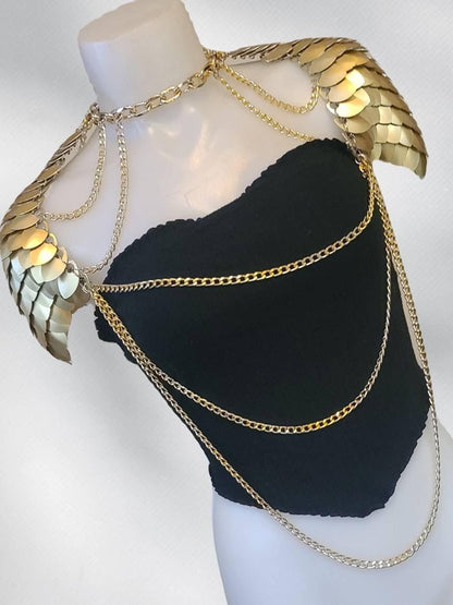 Metal Gold Shoulder Armor, Fantasy Scalemail Dragon Scale Womens Armor, Royal Fae Gala Fairytale Costume, Viking, Fairy Cosplay, Bookish