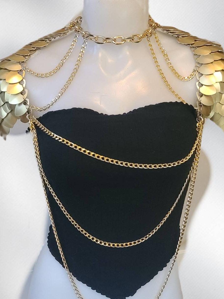 Metal Gold Shoulder Armor, Fantasy Scalemail Dragon Scale Womens Armor, Royal Fae Gala Fairytale Costume, Viking, Fairy Cosplay, Bookish